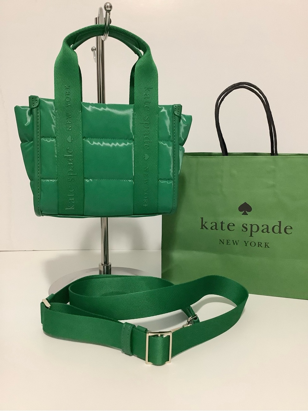 NEW kate spade Kip Puffy Fabric Quilted Mini Tote Bag - Green Bean KM668 - Picture 10 of 11